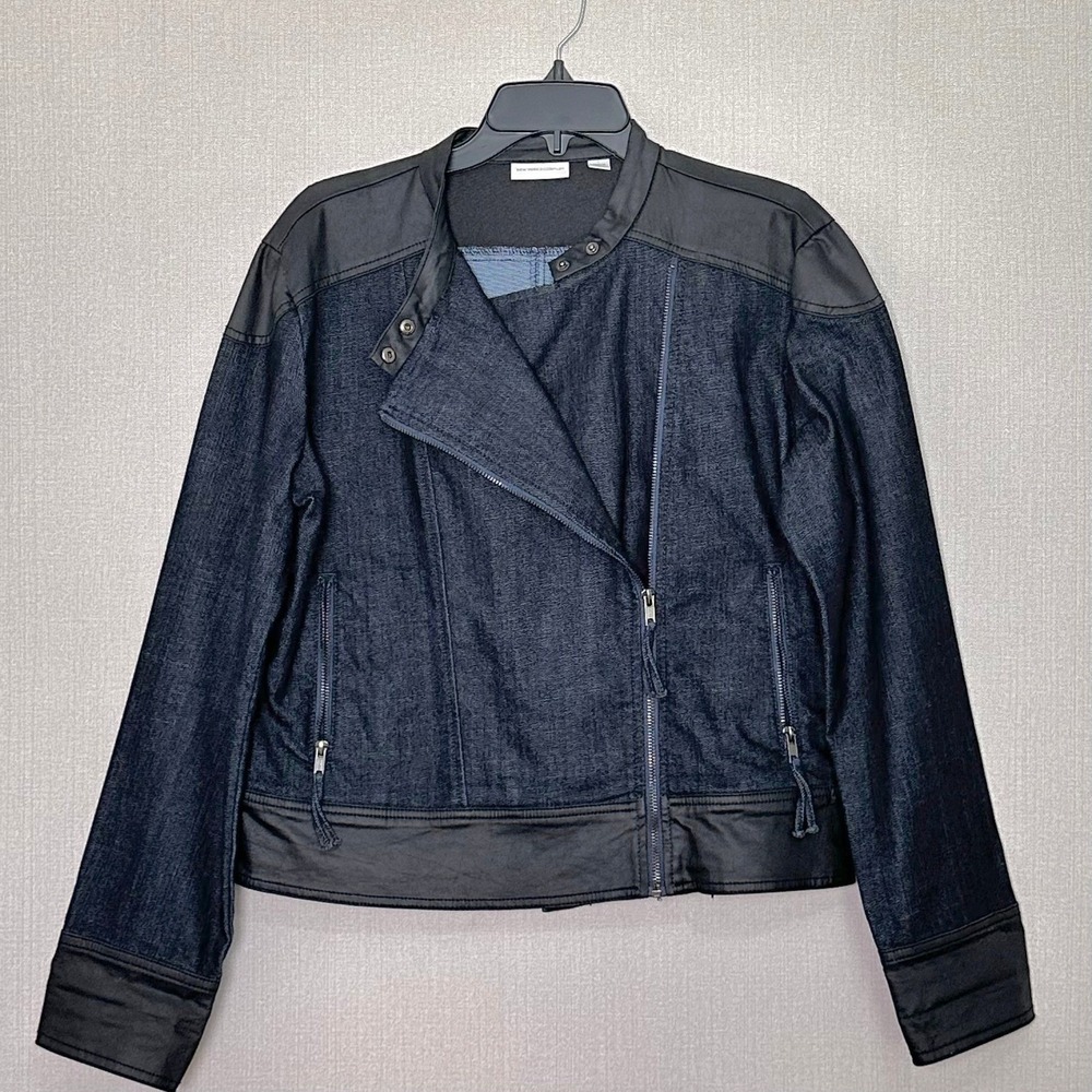 Denim Moto Jacket Dark Wash Blue Coated Trim Contrast Cropped Edgy Womens Large
